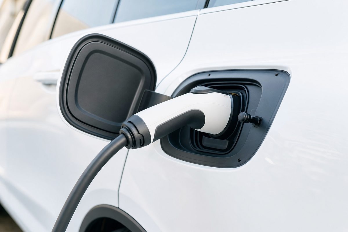 Cable de carga conectado al puerto de un auto eléctrico