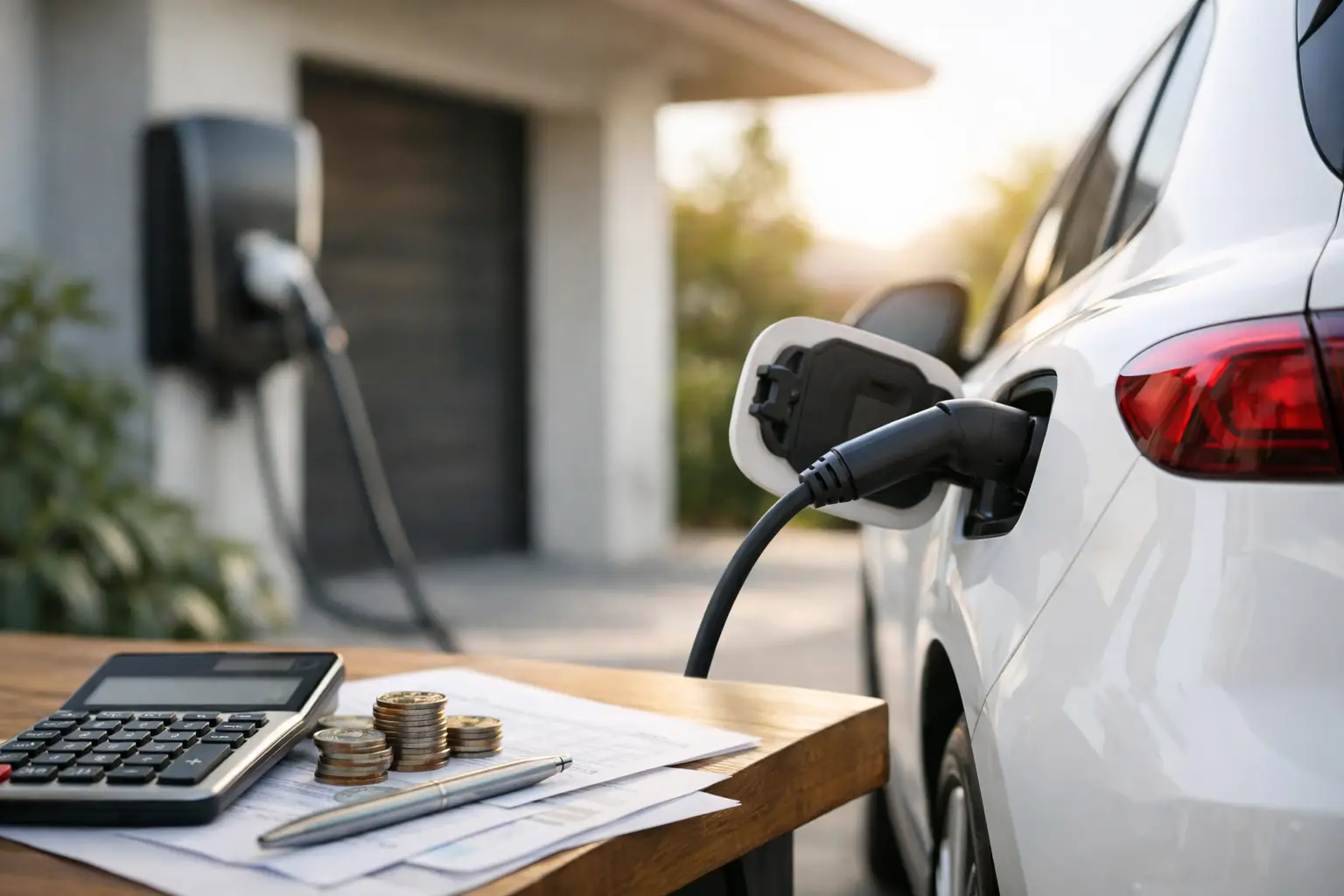 Auto eléctrico conectado a un cargador doméstico junto a una calculadora, monedas y recibos para estimar el costo de recarga