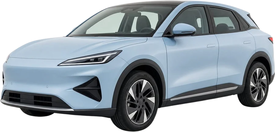SUV eléctrico azul claro, visto de tres cuartos frontal
