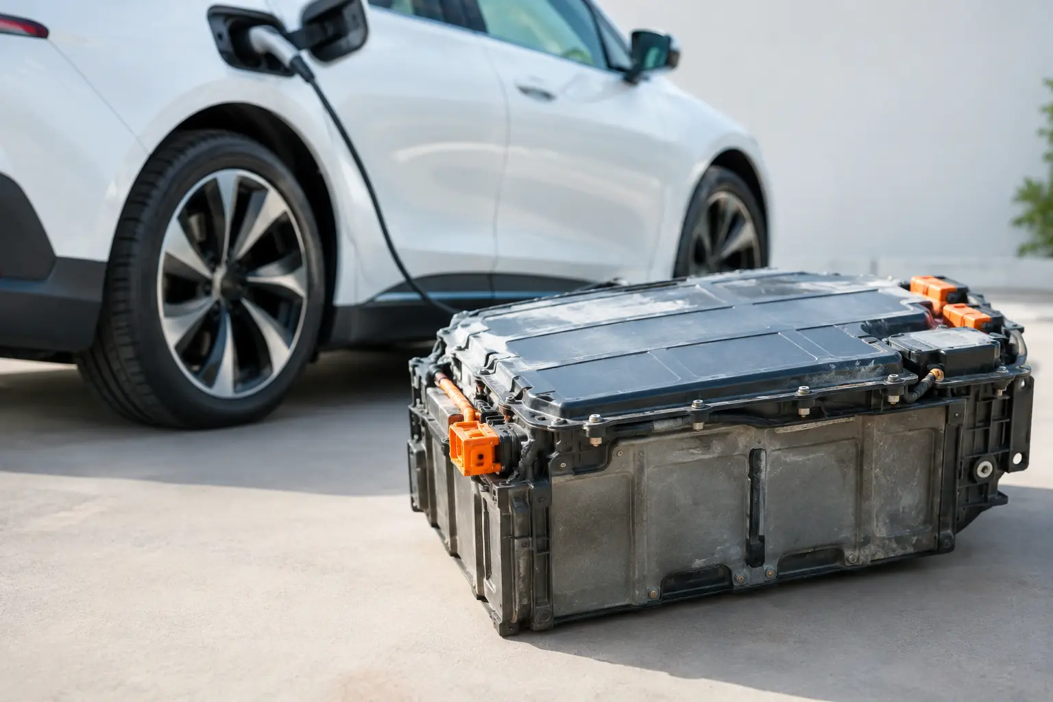Batería de alto voltaje usada frente a un auto eléctrico blanco conectado a un cargador