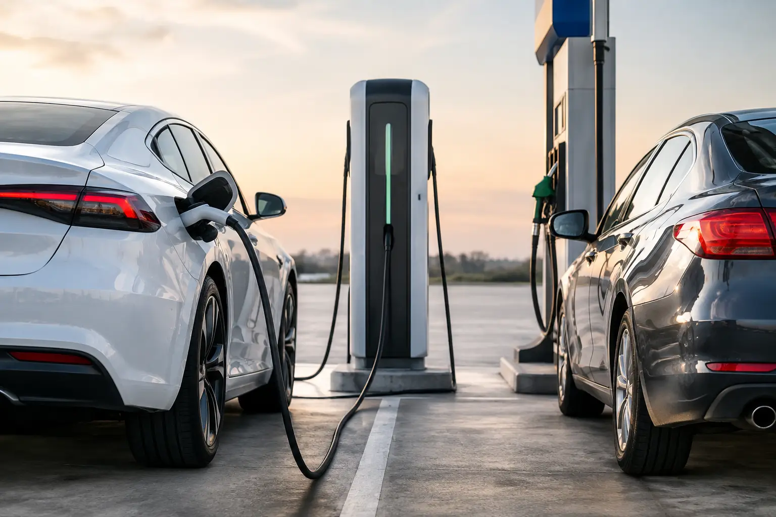 Auto eléctrico blanco conectado a un cargador junto a un auto de gasolina gris en una estación de servicio