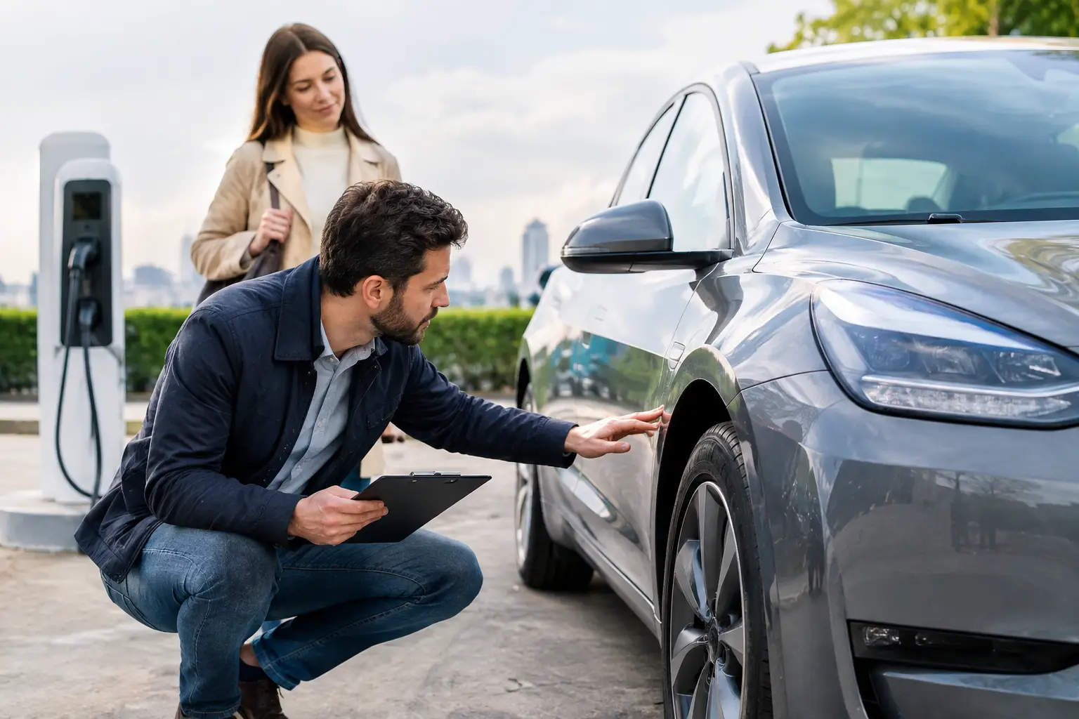 Revisión de un auto eléctrico usado junto a una estación de carga antes de comprarlo