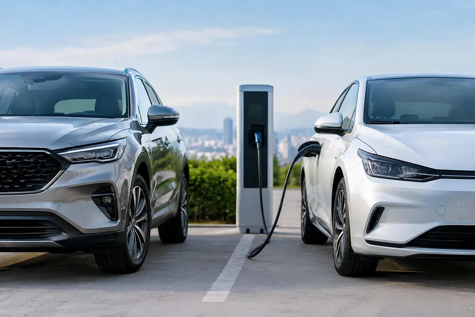 Dos autos junto a una estación de carga, uno de ellos conectado, para comparar híbrido y eléctrico