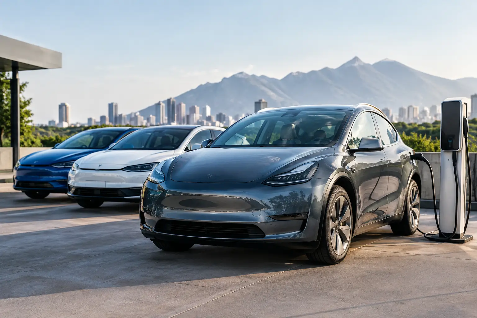 Tres autos eléctricos estacionados, uno conectado a un cargador, con una ciudad y montañas al fondo