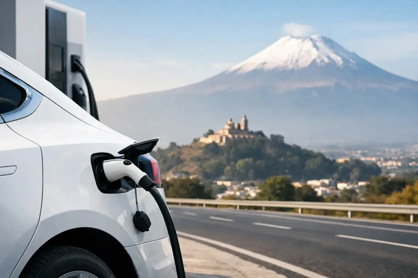 Auto eléctrico blanco cargando en una carretera de México con un volcán al fondo