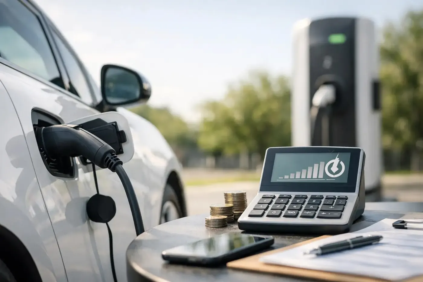 Auto eléctrico conectado a un cargador junto a una calculadora y monedas para calcular su consumo en kWh