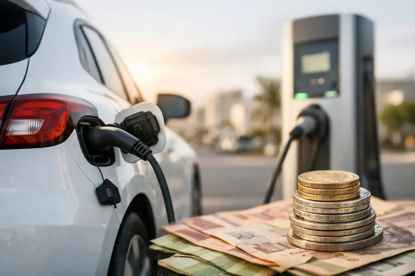 Auto eléctrico conectado a un cargador en casa junto a un recibo de luz de CFE en México