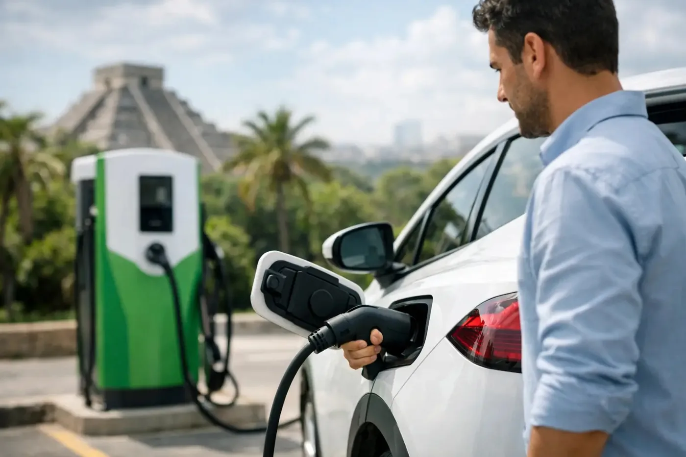 Conductor cargando un auto eléctrico blanco en una estación de carga pública en México