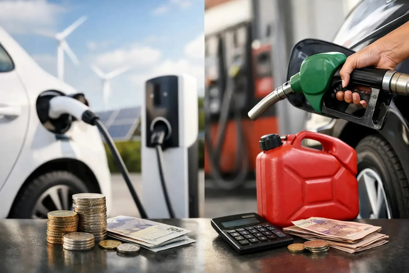 Auto eléctrico conectado a un cargador junto a una bomba de gasolina para comparar el costo mensual en México