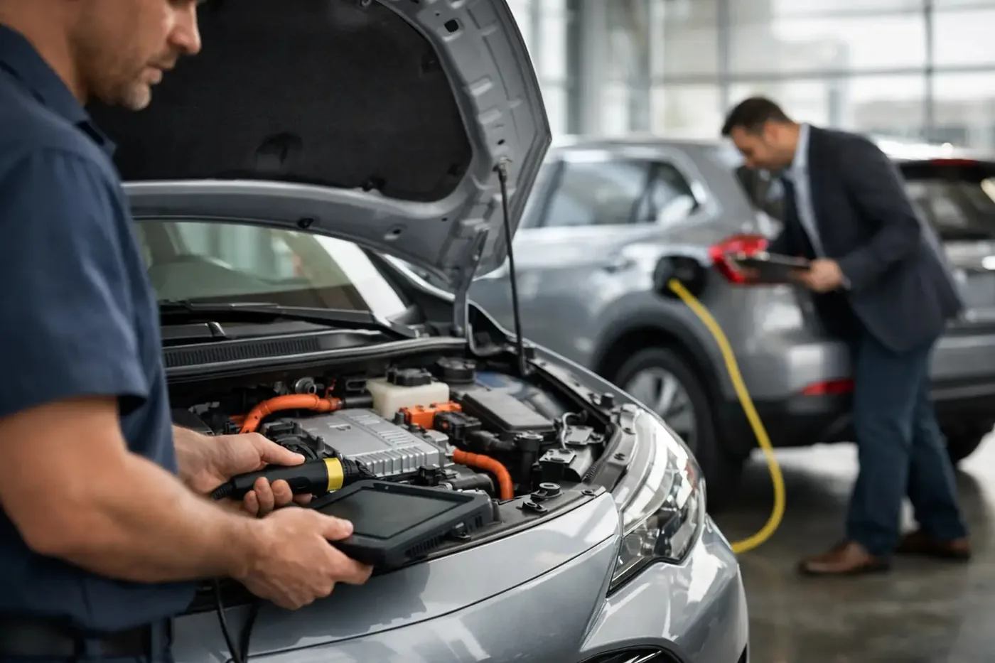 Técnico revisando con escáner el sistema híbrido de un auto seminuevo