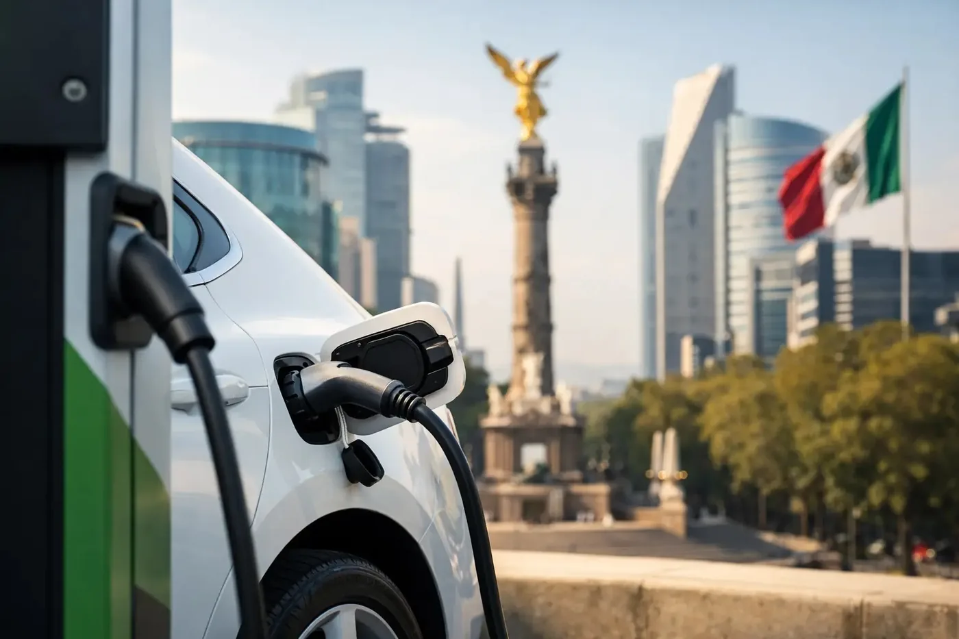 Auto eléctrico conectado a un cargador con el Ángel de la Independencia y una bandera de México al fondo