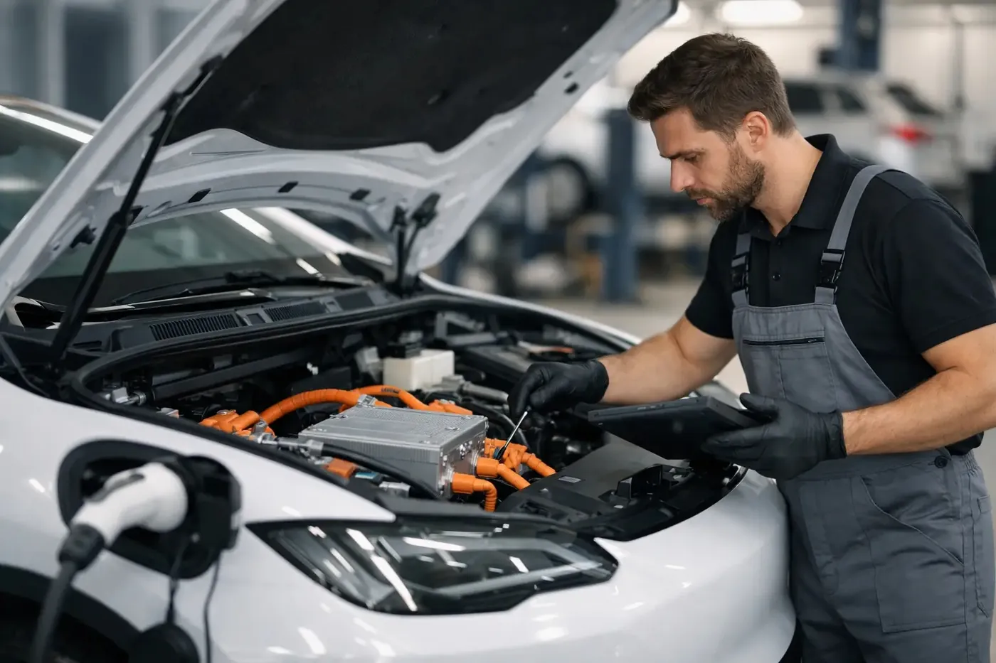 Técnico revisando los componentes de mantenimiento de un auto eléctrico en el taller