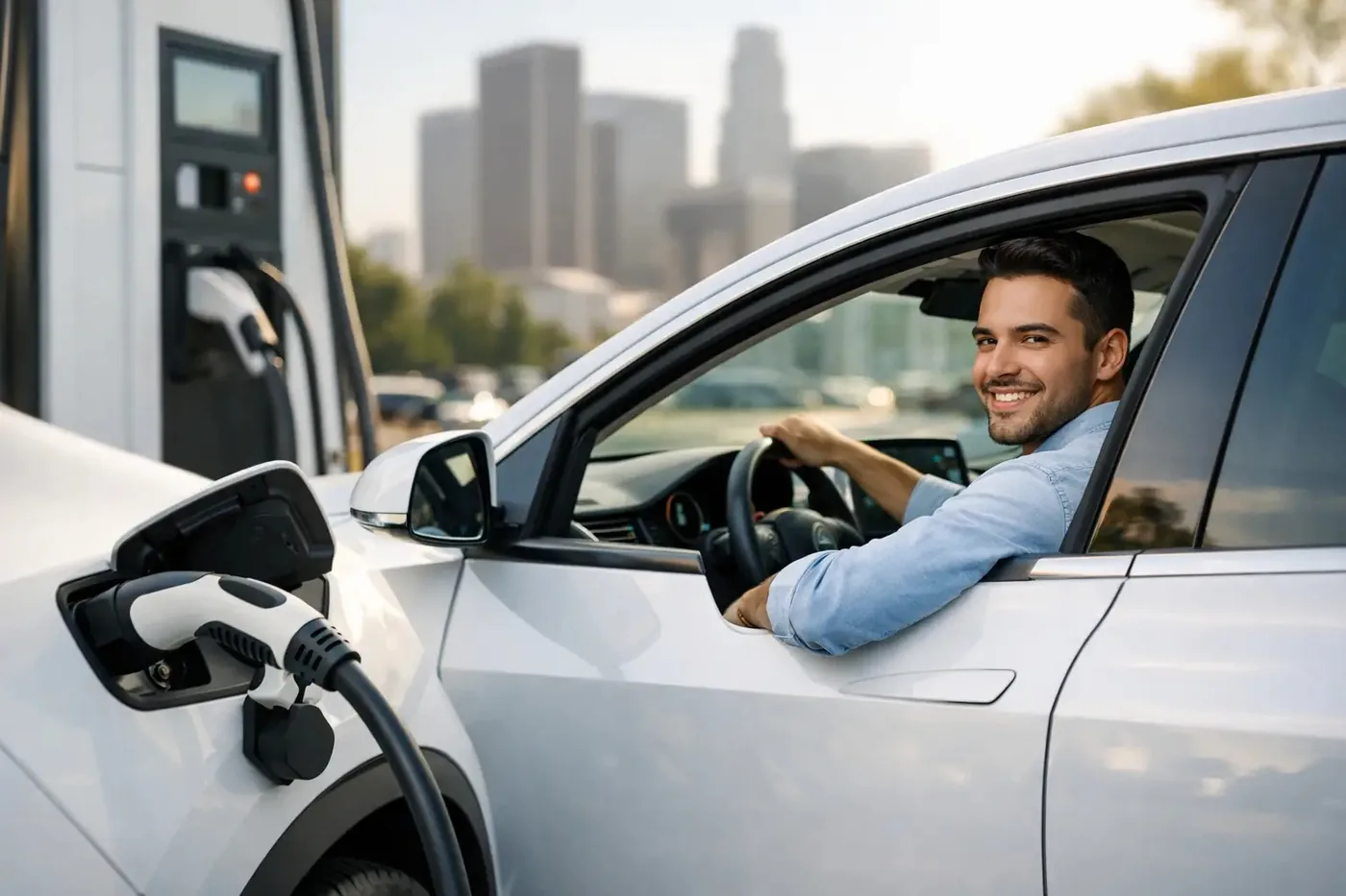 Conductor de plataforma en un auto eléctrico blanco conectado a un cargador en la ciudad