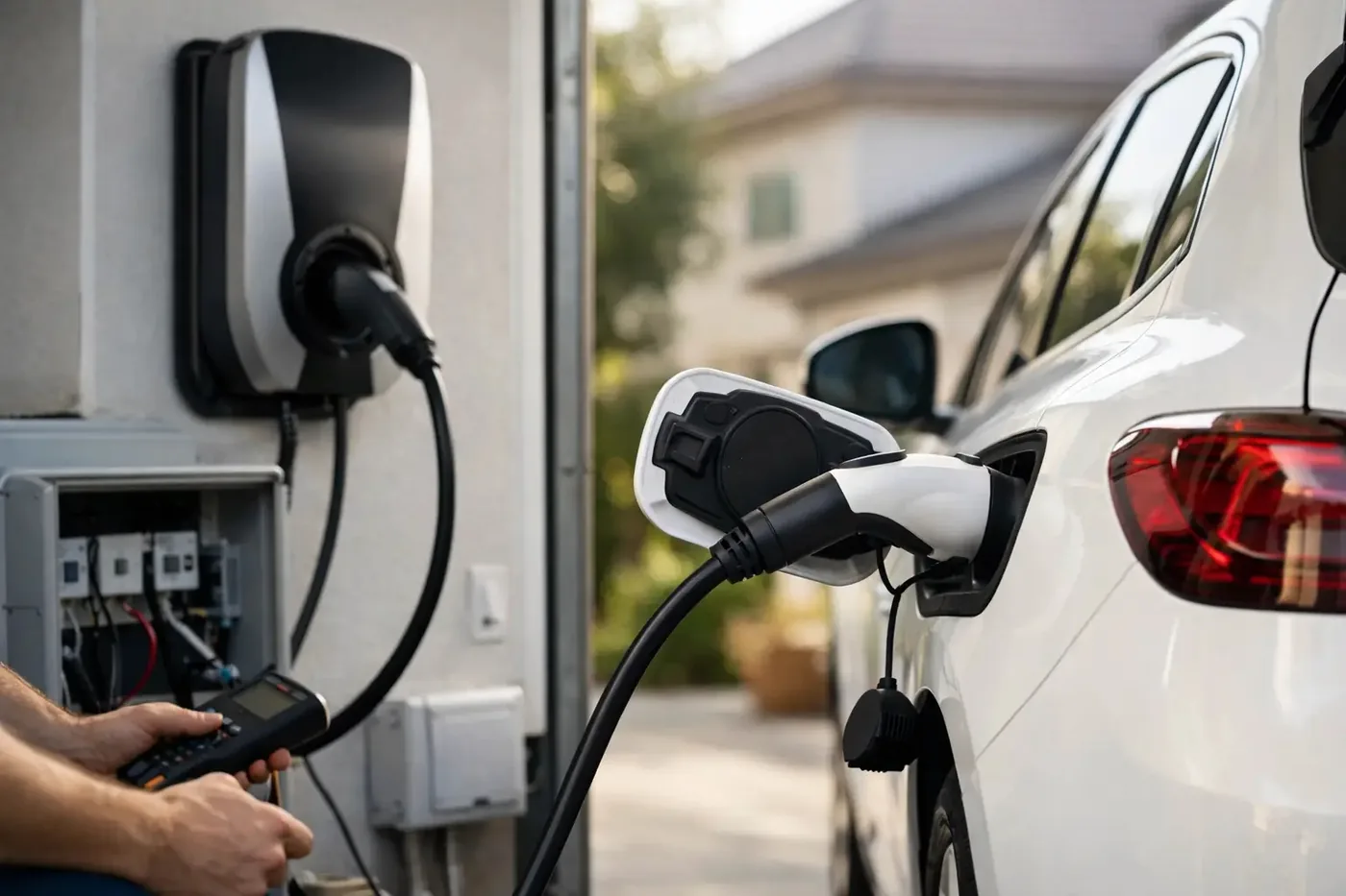 Cargador de pared instalado en la cochera de una casa cargando un auto eléctrico