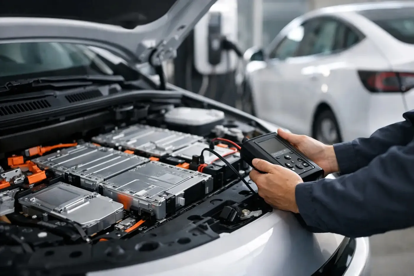 Comprador revisando el estado de salud de la batería de un auto eléctrico usado antes de comprarlo