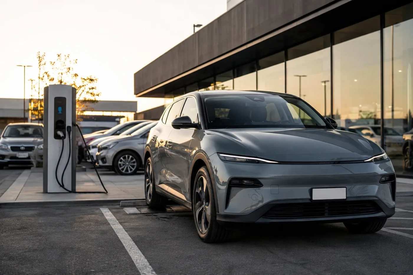 Auto eléctrico seminuevo cargando en una estación al atardecer