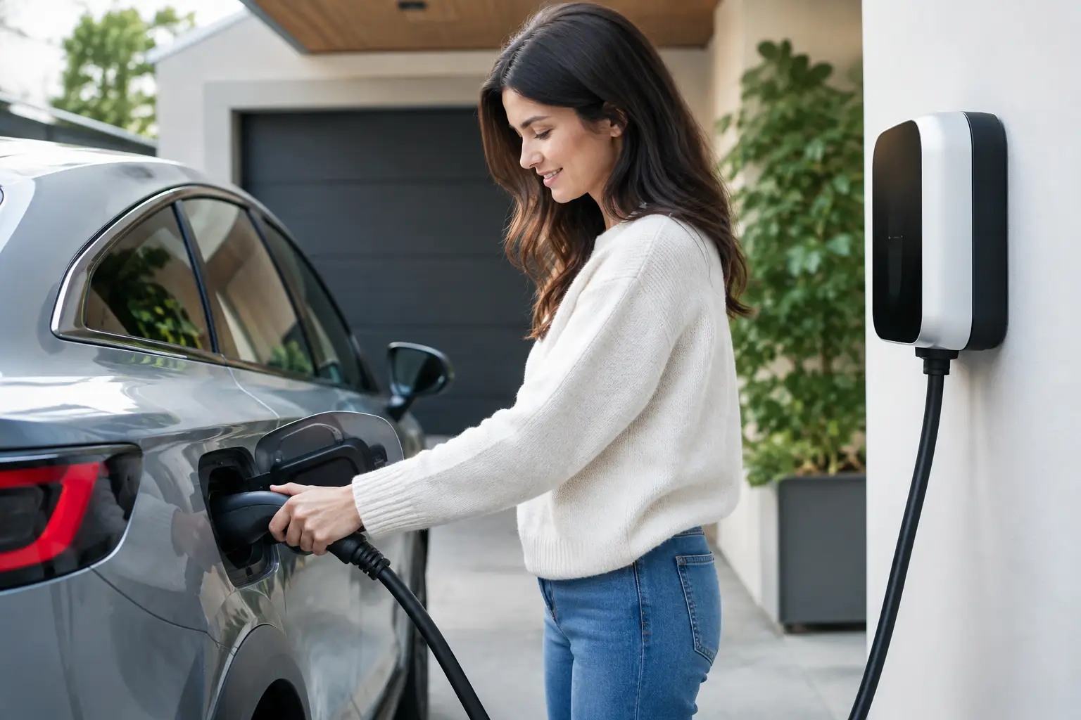 Mujer conectando un auto eléctrico a un cargador de pared en la cochera de su casa