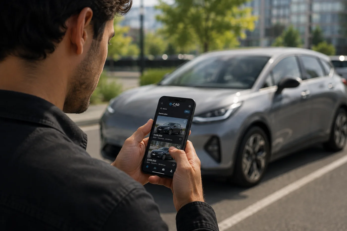 Persona consultando el catálogo de E-Car Club en su teléfono junto a un auto eléctrico