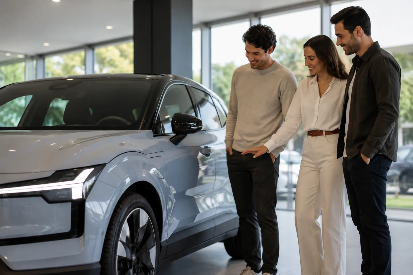 Pareja revisando un auto eléctrico con un asesor de E-Car Club